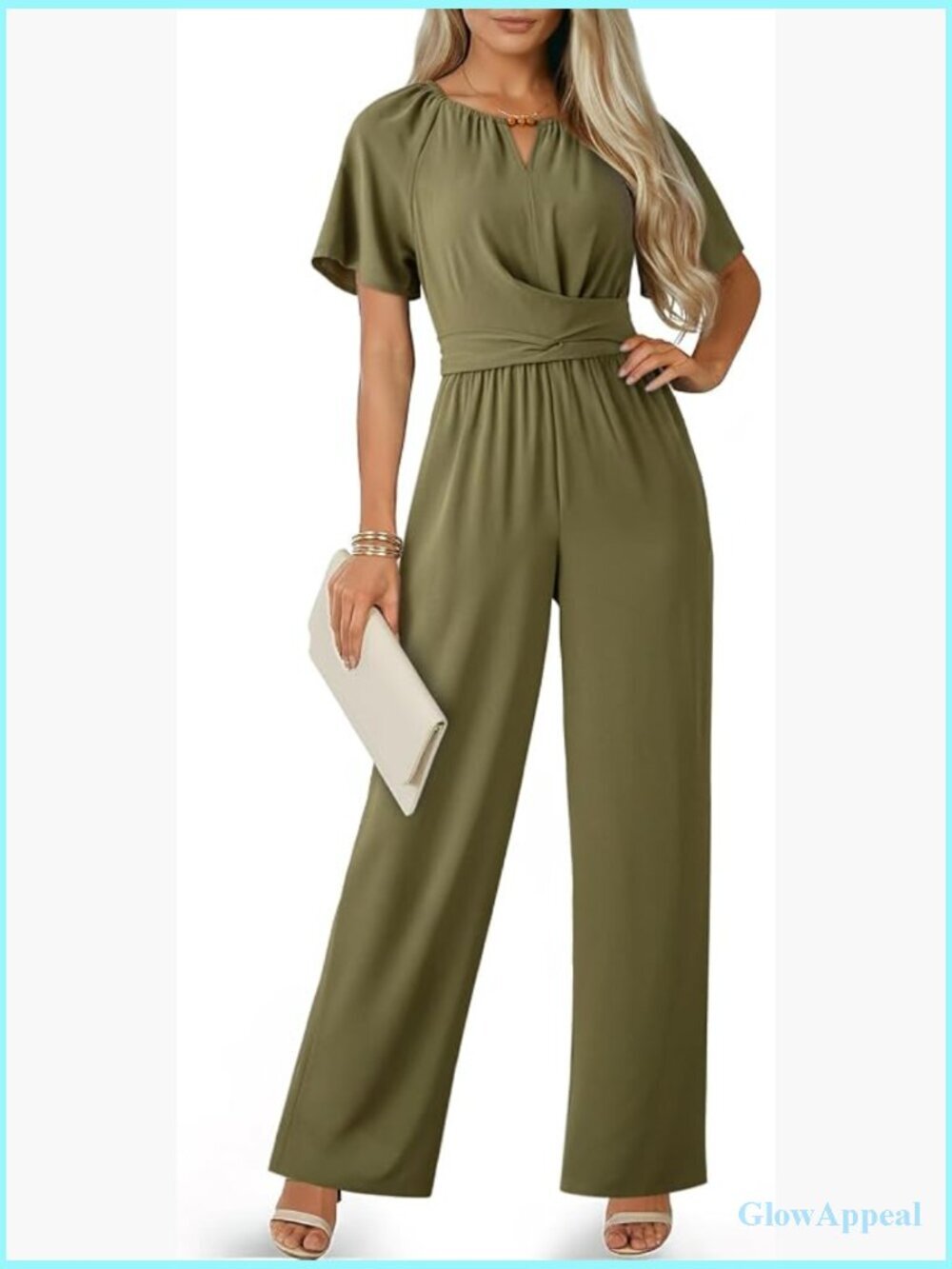 Dressy Casual Wide Leg Jumpsuit with Pockets Keyhole Cutout